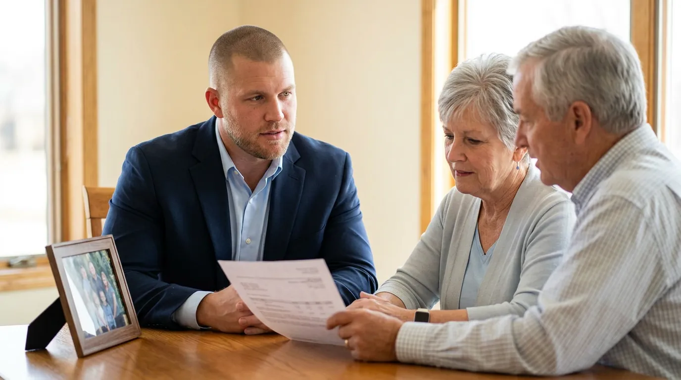 Mike Moore of Big Sioux Life reviewing an annuity statement with a retired couple at a table beside a framed family photo