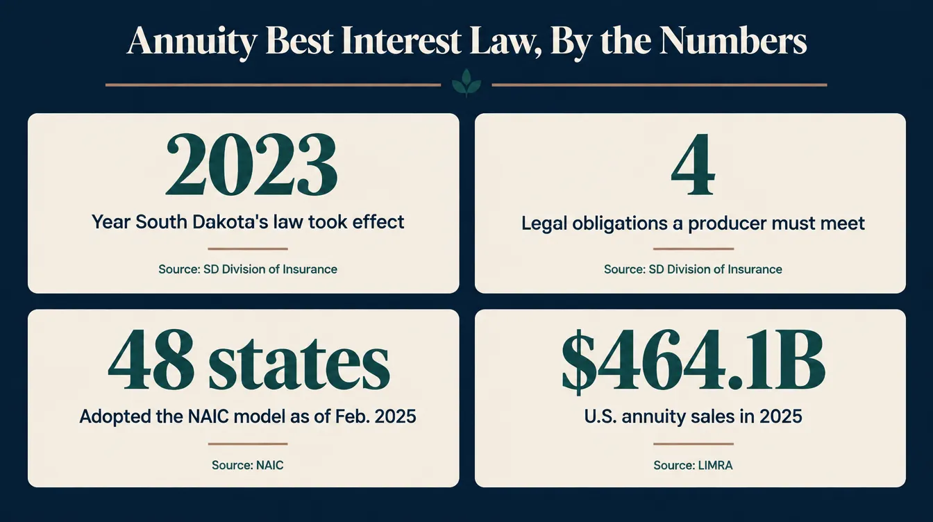 Stat card titled 'Annuity Best Interest Law, By the Numbers' showing four figures: 2023, the year South Dakota's law took effect; 4, the number of legal obligations a producer must meet; 48 states that had adopted the underlying NAIC model as of February 2025; and 464.1 billion dollars in U.S. annuity sales in 2025, sourced to the South Dakota Division of Insurance, the NAIC, and LIMRA