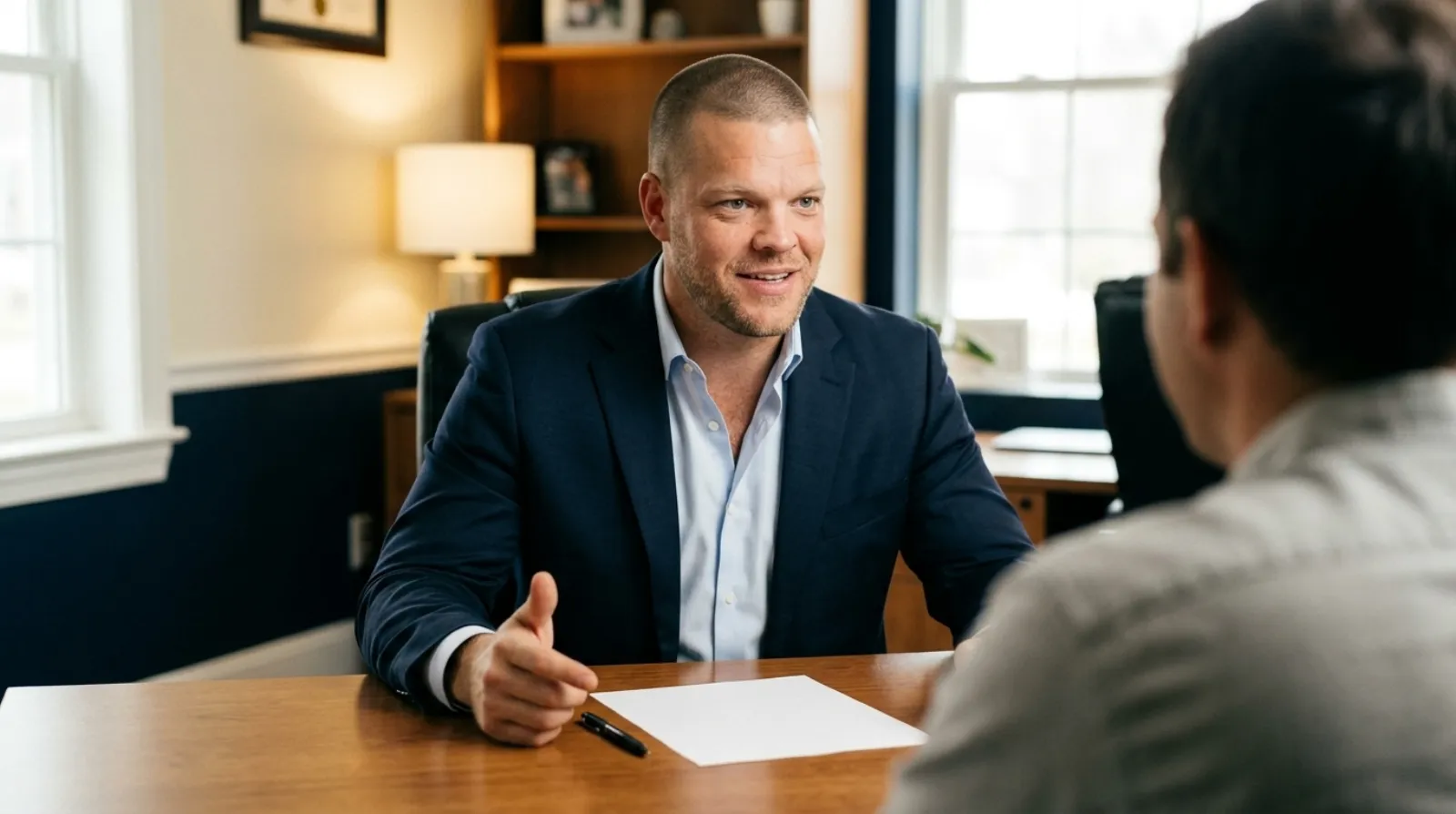 Mike Moore, a life insurance advisor, reviewing an annuity contract's surrender charge schedule with a South Dakota client at a desk