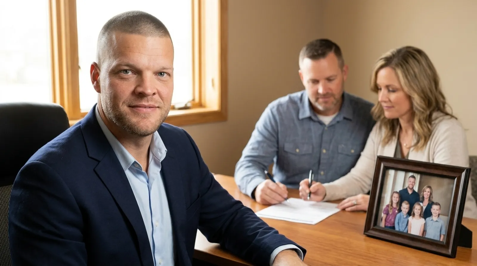 Mike Moore, a life insurance advisor, sitting across a desk from a remarried couple reviewing a life insurance beneficiary form together in a Sioux Falls office