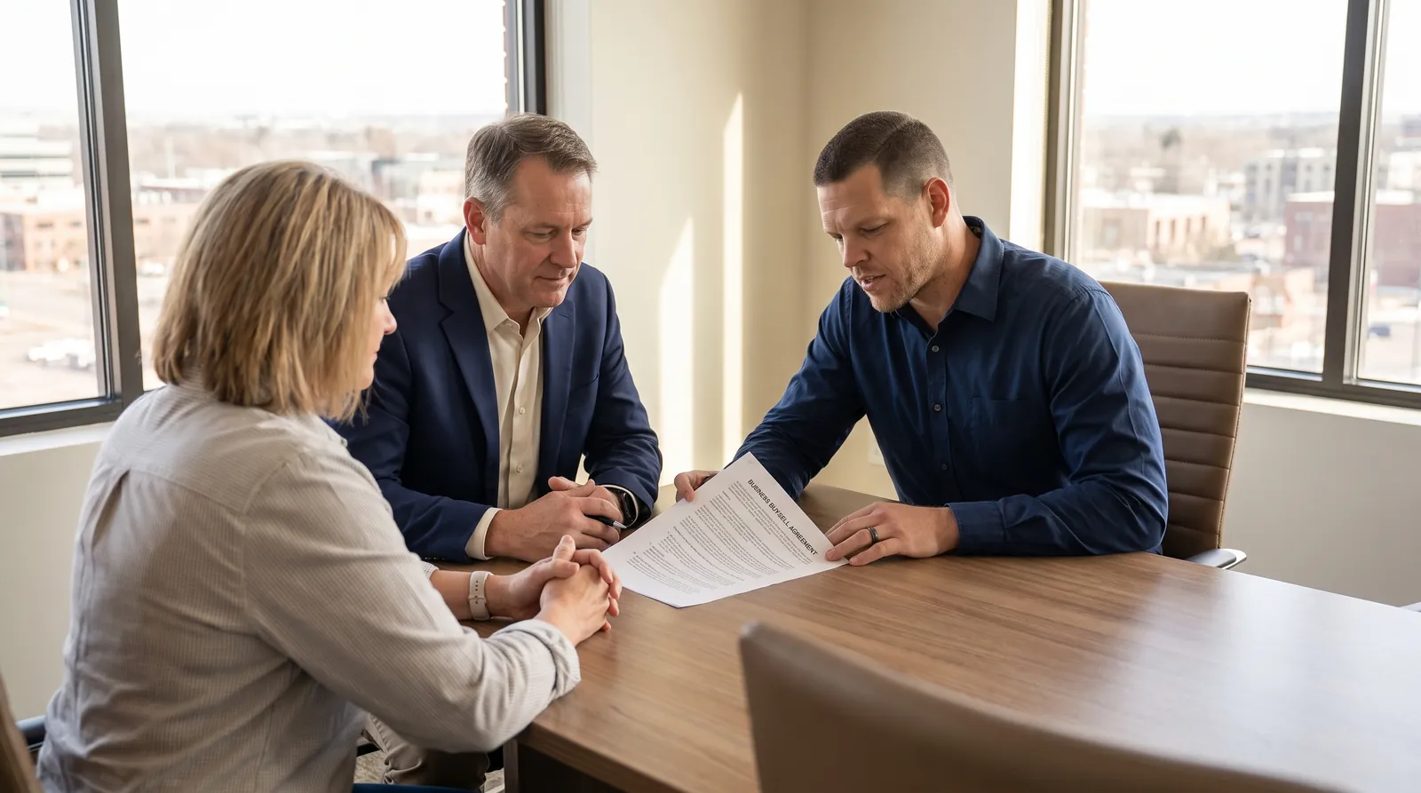 Mike Moore, a life insurance advisor, reviewing a business buy-sell agreement and insurance policy documents with two South Dakota business partners at a conference table