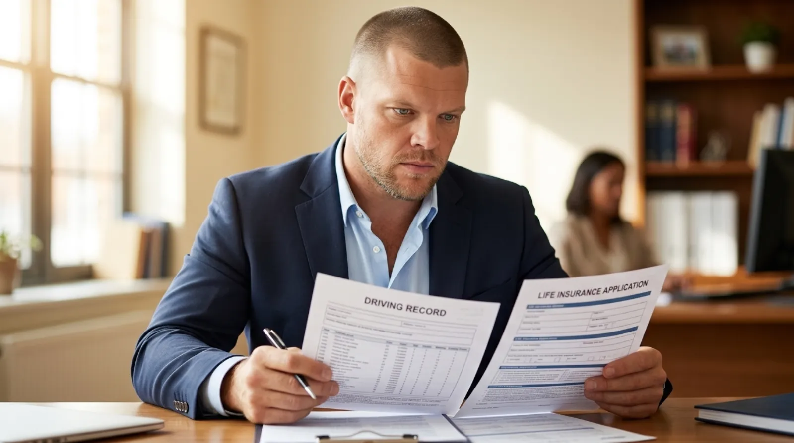 Mike Moore, a life insurance advisor, reviewing a driving record and a life insurance application at his desk in a South Dakota office