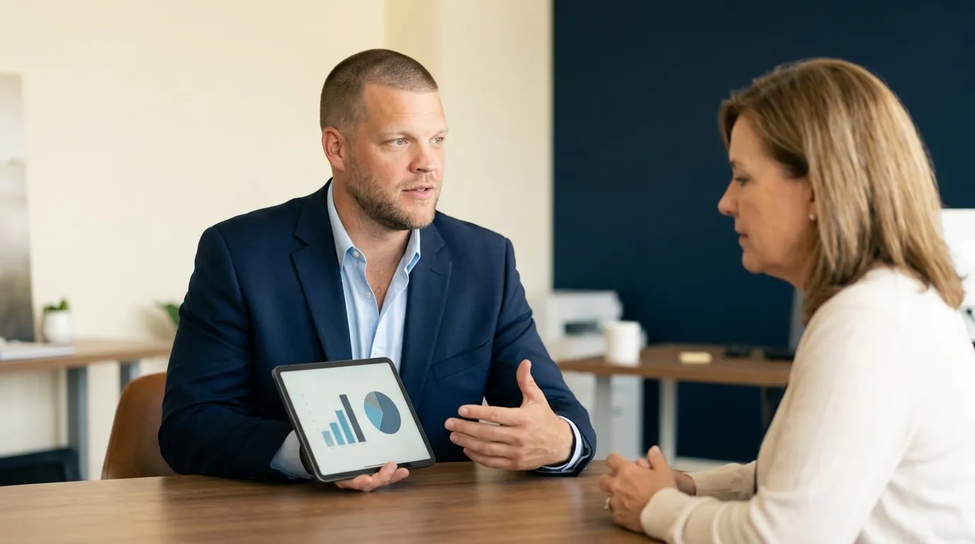 Mike Moore, a life insurance advisor, reviewing health and blood pressure information with a client at his desk in a bright office with River Navy accent walls
