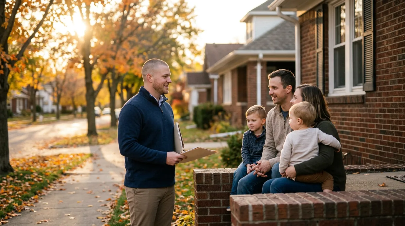 Mike Moore of Big Sioux Life chatting with a young family on the front steps of their brick home on a tree-lined Brookings street in the fall