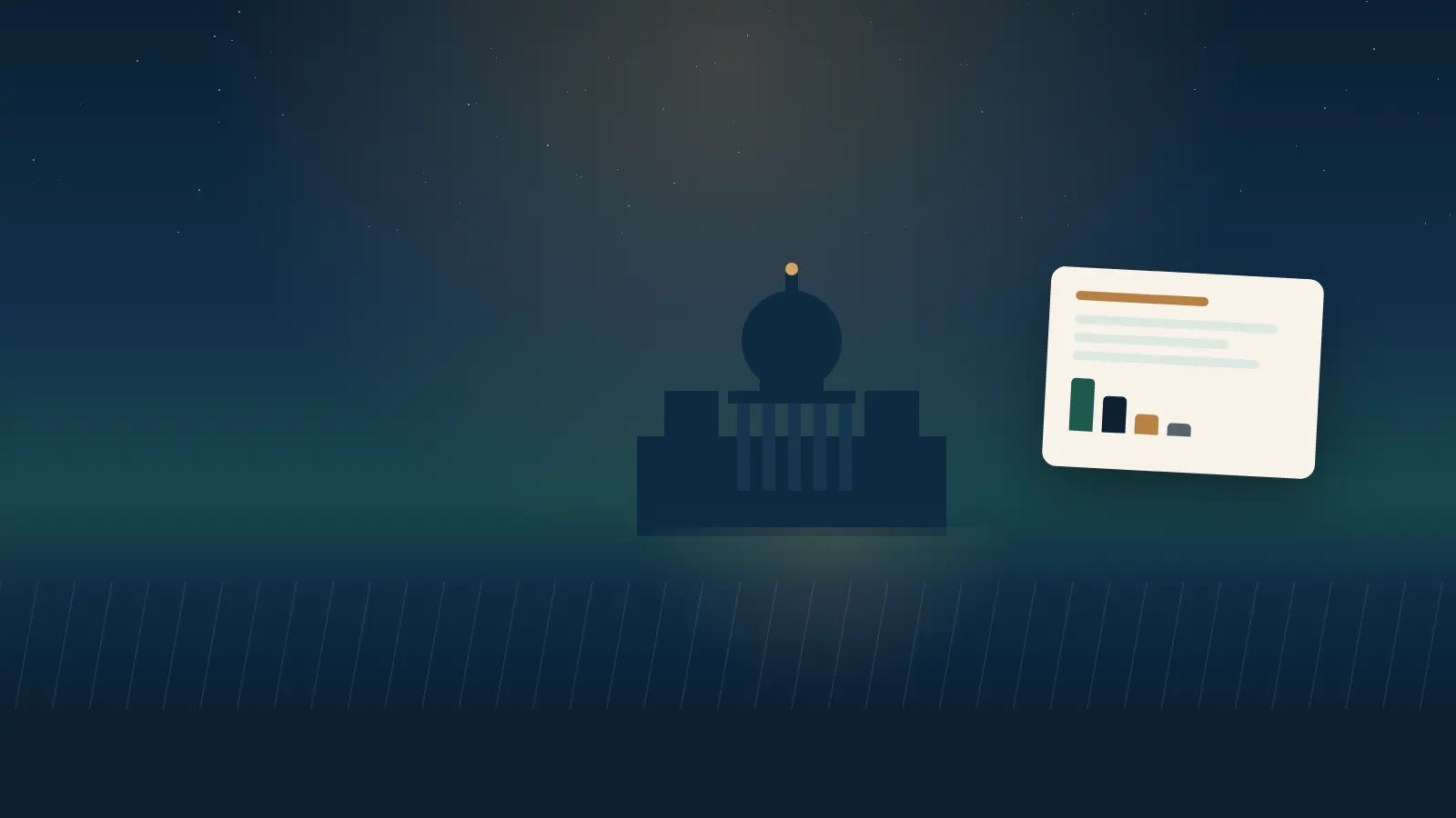 Editorial illustration of the South Dakota State Capitol dome in Pierre at dusk beside the Missouri River, with a floating coverage-worksheet card showing a simple bar chart, symbolizing sizing a life insurance target from local numbers