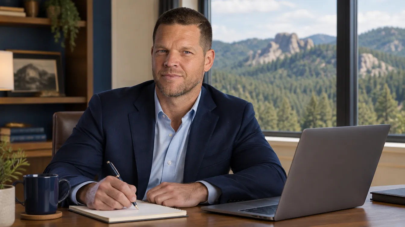 Mike Moore, life insurance advisor at Big Sioux Life, working through a family's coverage numbers at his desk with the Black Hills visible through the window