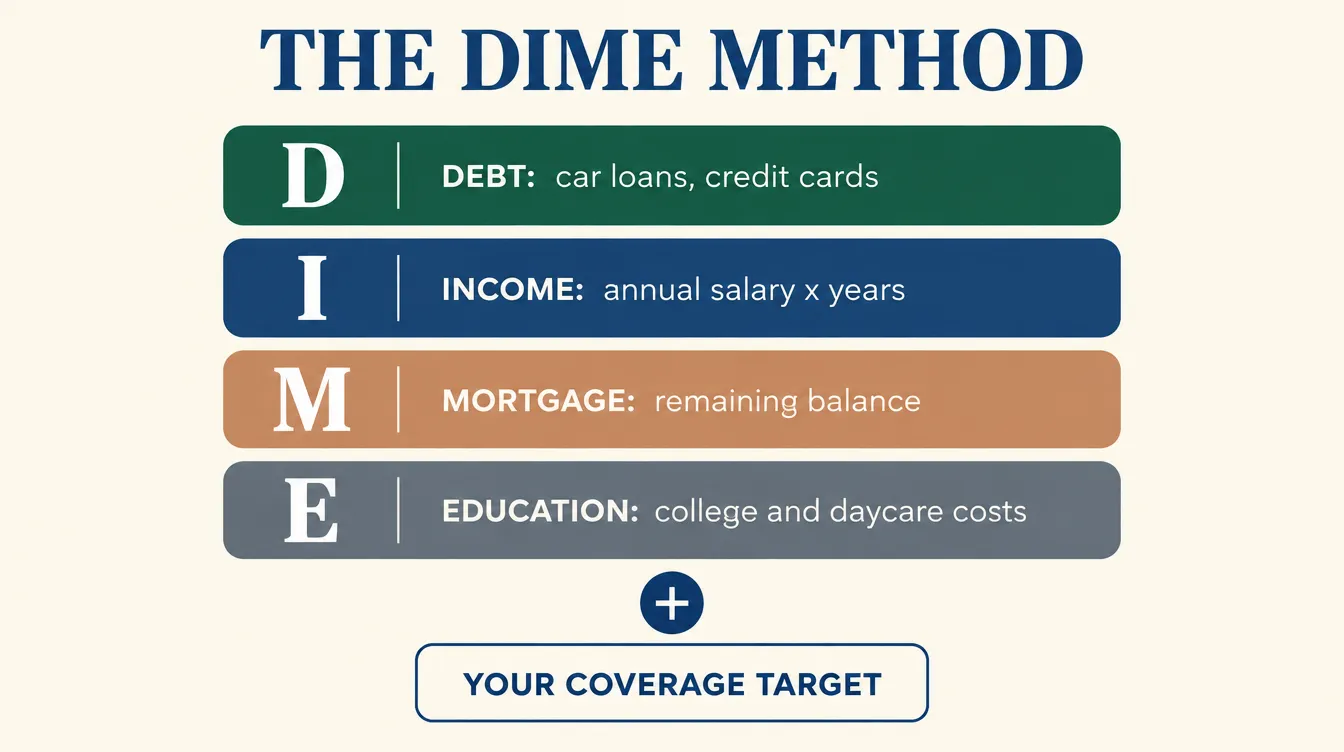 Infographic labeled THE DIME METHOD showing four stacked colored bars: D for Debt (car loans, credit cards), I for Income (annual salary times years), M for Mortgage (remaining balance), and E for Education (college and daycare costs), adding up to a box labeled YOUR COVERAGE TARGET