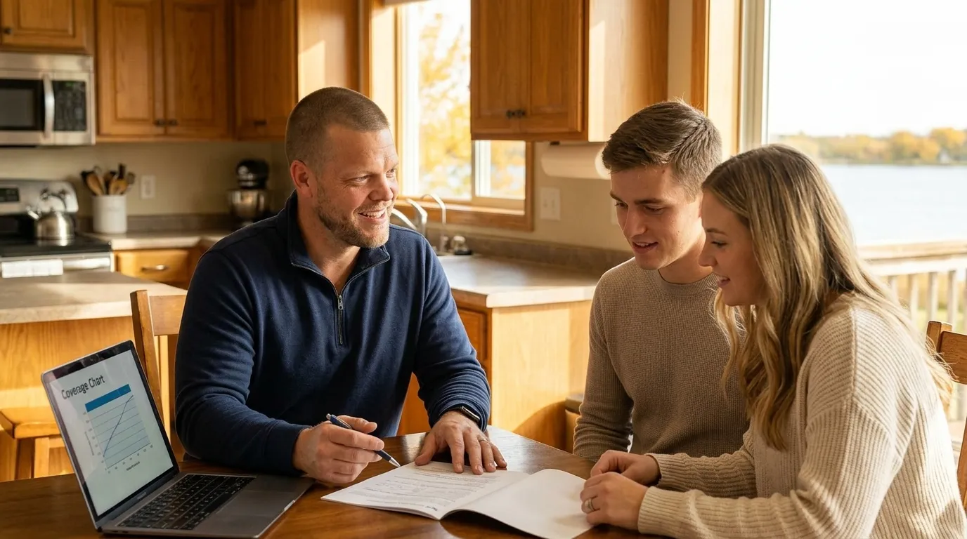 Mike Moore of Big Sioux Life at a kitchen table with a young couple reviewing a coverage chart on a laptop, Lake Kampeska visible through the window behind them on an early autumn morning in Watertown, South Dakota