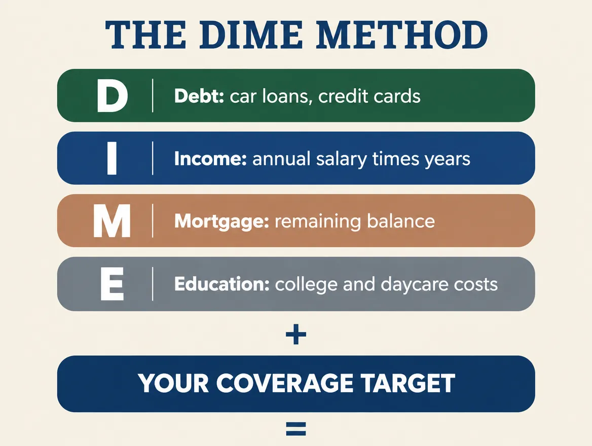 Infographic labeled THE DIME METHOD showing four stacked colored bars: D for Debt (car loans, credit cards), I for Income (annual salary times years), M for Mortgage (remaining balance), and E for Education (college and daycare costs), adding up to a box labeled YOUR COVERAGE TARGET