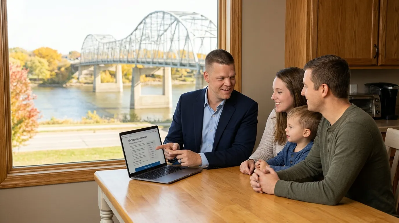Mike Moore of Big Sioux Life at a kitchen table with a young family reviewing a coverage chart on a laptop, the Meridian Bridge over the Missouri River visible through the window on a late October morning in Yankton, South Dakota