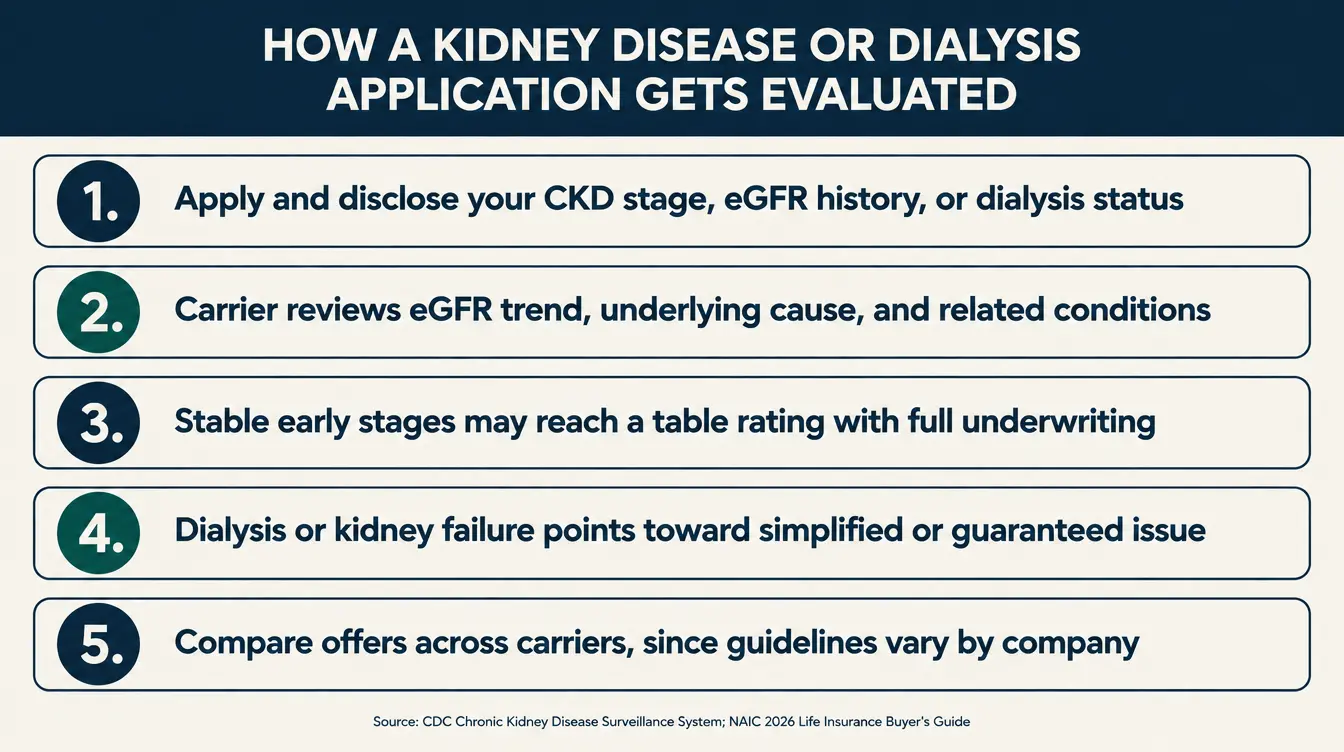 Infographic titled 'How a Kidney Disease or Dialysis Life Insurance Application Gets Evaluated' showing a five-step process: Step 1, you apply and disclose your CKD stage, eGFR history, or dialysis status; Step 2, the carrier reviews your eGFR trend, underlying cause, and related conditions like diabetes or high blood pressure; Step 3, earlier stable stages may reach a table rating with a fully underwritten carrier; Step 4, dialysis or kidney failure generally points toward simplified issue or guaranteed issue instead; Step 5, you compare offers across carriers, since guidelines vary by company. Source: CDC Chronic Kidney Disease Surveillance System and NAIC 2026 Life Insurance Buyer's Guide