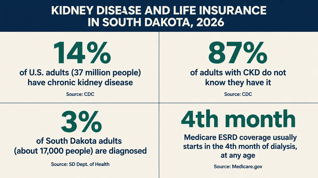 Stat card titled 'Kidney Disease and Life Insurance in South Dakota, 2026' showing four figures: 14 percent of U.S. adults, 37 million people, estimated to have chronic kidney disease, source CDC Chronic Kidney Disease Surveillance System 2021 to 2023; 87 percent of adults with CKD do not know they have it, same source; 3 percent of South Dakota adults, about 17,000 people, report being diagnosed with kidney disease, source South Dakota Department of Health BRFSS; and Medicare covers end-stage renal disease at any age starting the fourth month of dialysis, source Medicare.gov