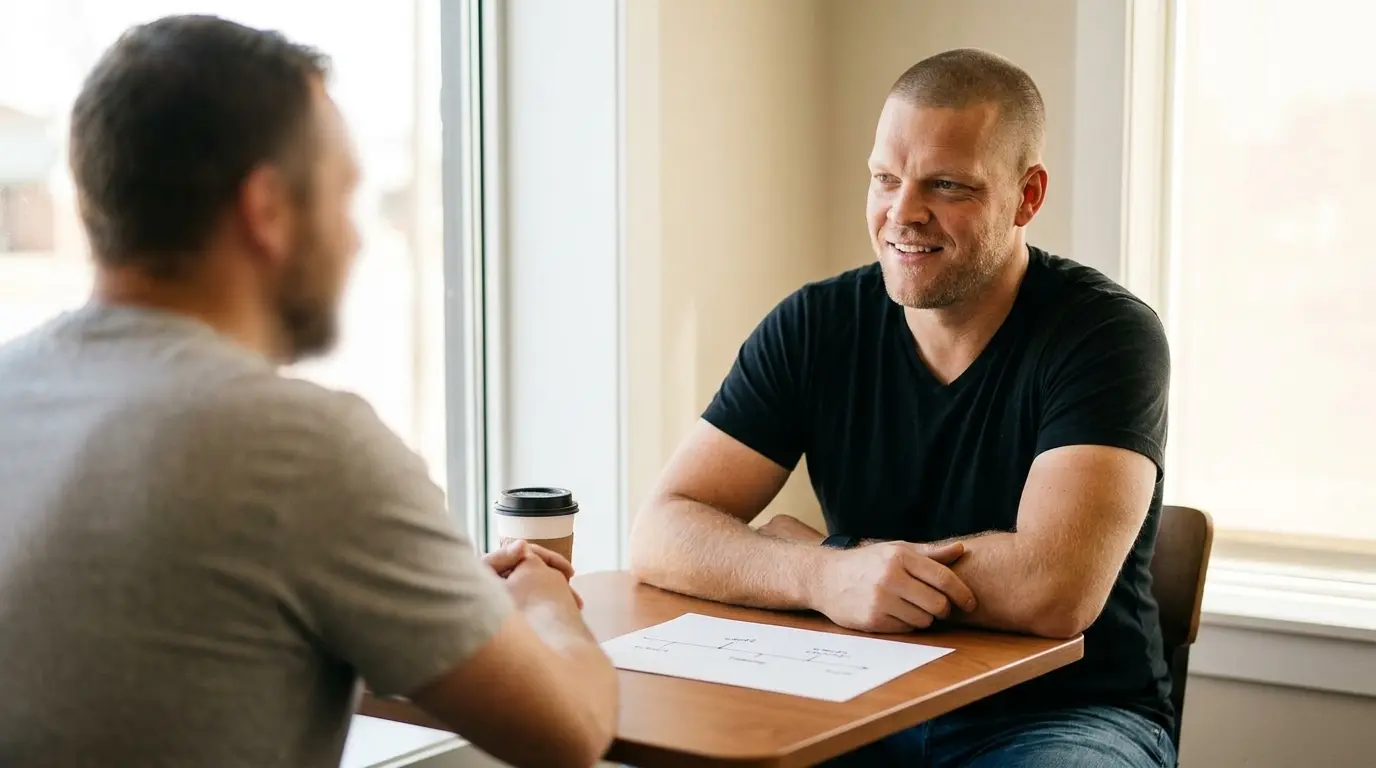 Mike Moore of Big Sioux Life sitting at a table with a client reviewing a short, clean financial timeline sheet and a cup of coffee, calm natural light in a South Dakota office