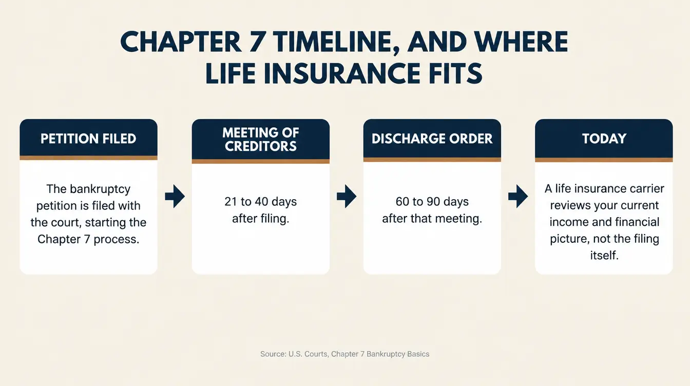 Infographic titled 'Chapter 7 Timeline, and Where Life Insurance Fits' showing four steps: petition filed, meeting of creditors 21 to 40 days after filing, discharge order 60 to 90 days after that meeting, then current income and today's financial picture become what a life insurance application actually reviews, sourced to the U.S. Courts
