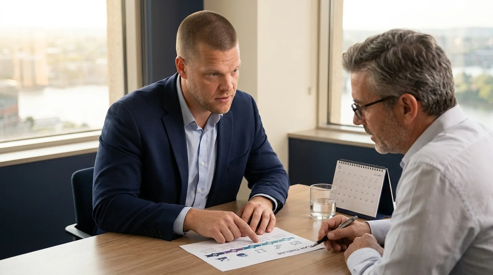 Mike Moore of Big Sioux Life sitting across a table from a man reviewing a life insurance timeline document, with a small desk calendar and a glass of water on the table, soft morning light in a South Dakota office