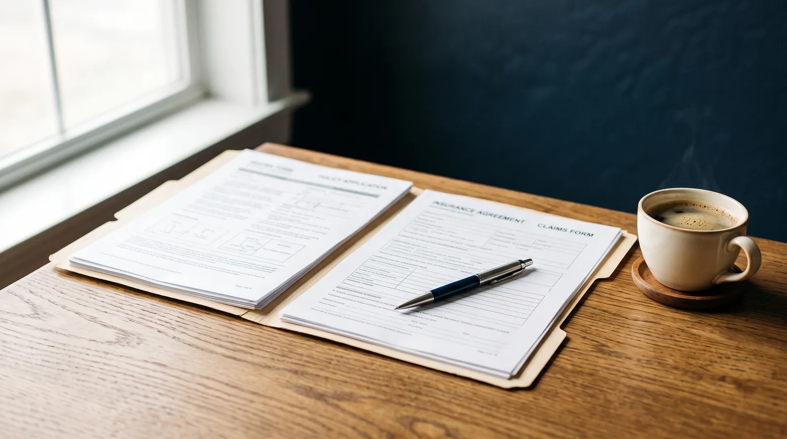 An open folder with life insurance paperwork, a pen, and a cup of coffee on a wooden desk beside a window, with a River Navy accent wall in the background