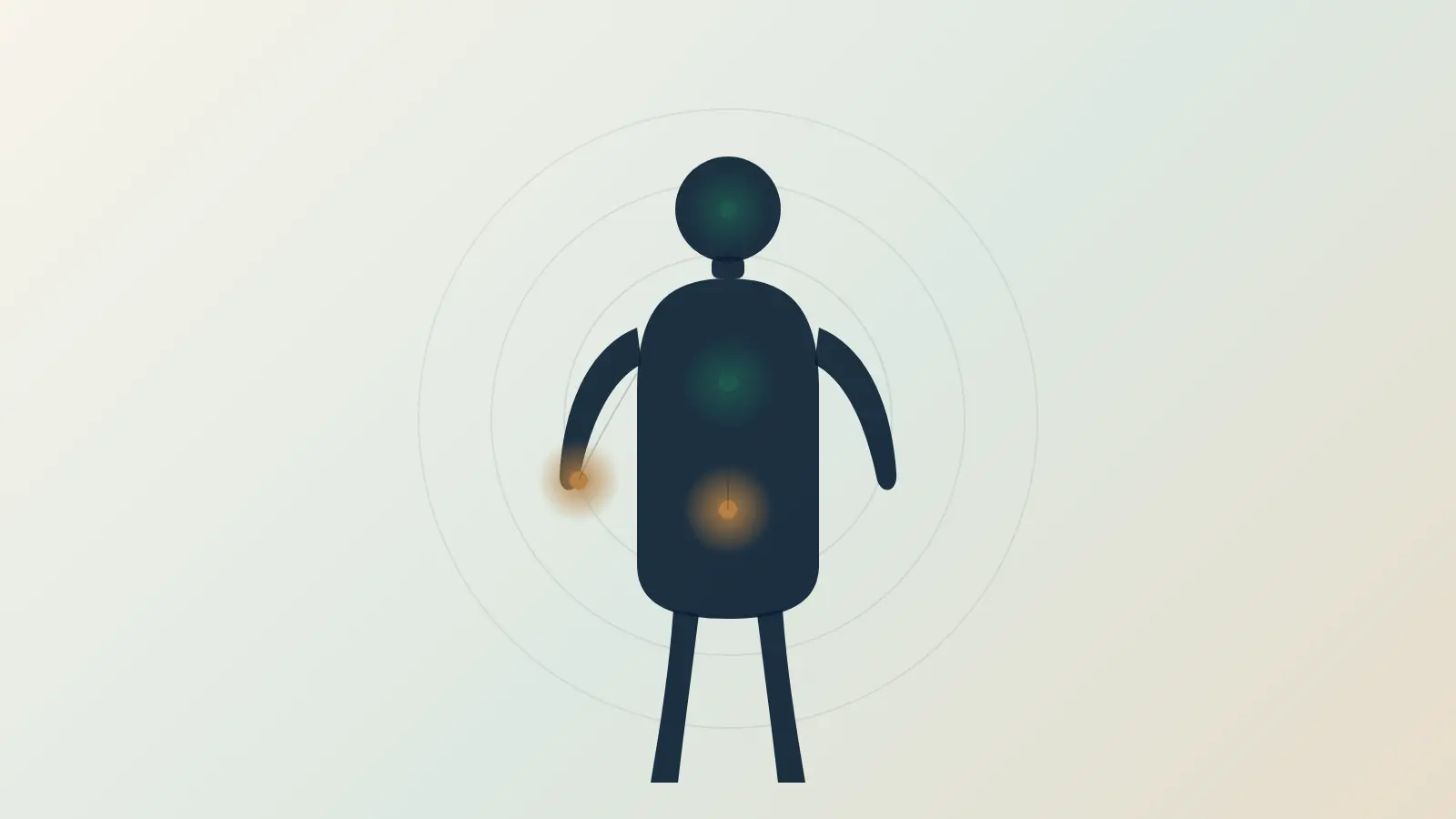 Editorial illustration of a human silhouette with four softly glowing points at the joints, chest, abdomen and head, in River Navy and copper tones, representing how autoimmune conditions affect different parts of the body