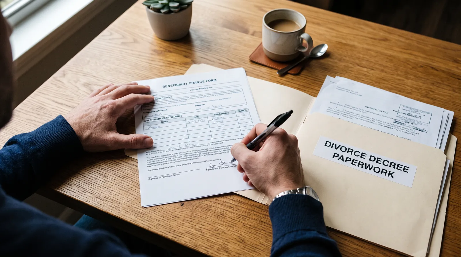 A close overhead view of hands signing a life insurance beneficiary change form on a wooden desk, next to an open folder labeled Divorce Decree Paperwork and a cup of coffee