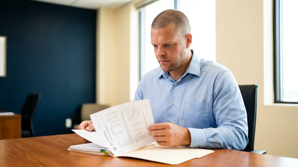 Mike Moore, a life insurance advisor, reviewing a medical records folder at his desk in a bright office with River Navy accent walls