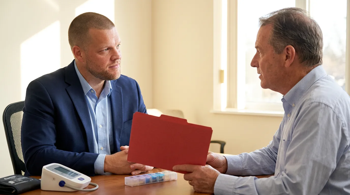 Mike Moore of Big Sioux Life listening to a client in his late fifties who holds his medical records beside a blood pressure monitor and pill organizer