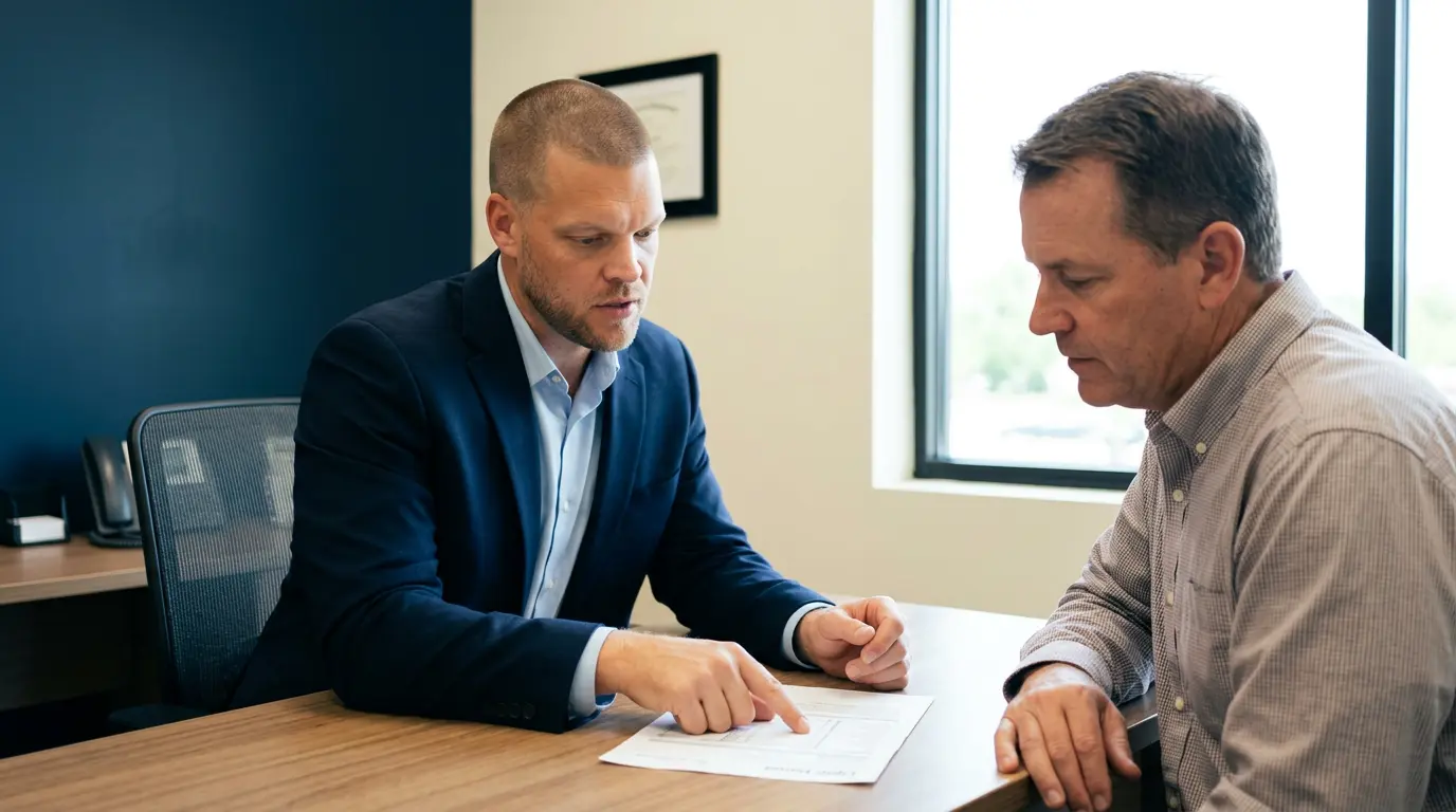 Mike Moore, a life insurance advisor, reviewing a cholesterol lab results printout with a client across a desk in a bright office with River Navy accent walls