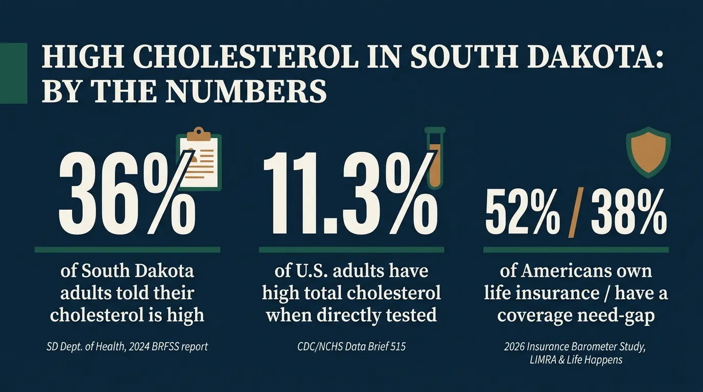 Stat card titled High Cholesterol in South Dakota: By the Numbers, showing 36% of South Dakota adults have been told their cholesterol is high per the South Dakota Department of Health's 2024 BRFSS report using 2023 data, 11.3% of US adults have high total cholesterol when directly measured per CDC NCHS Data Brief 515, and 52% of Americans own at least one life insurance policy while 38% have a coverage need-gap per the 2026 Insurance Barometer Study from LIMRA and Life Happens