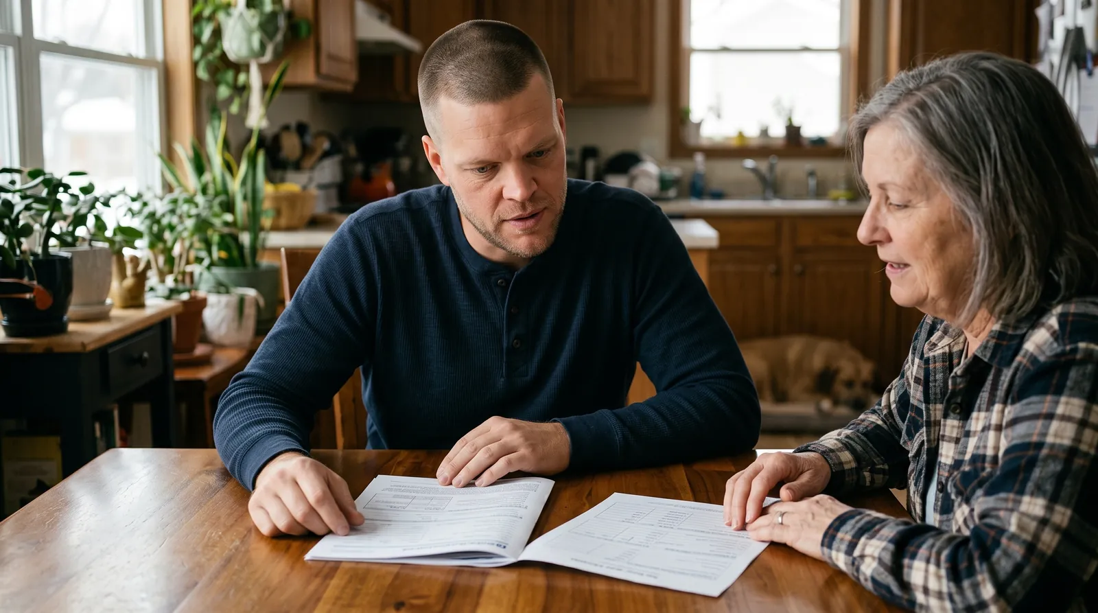Mike Moore, a life insurance advisor, reviewing a life insurance application and medication history worksheet with a South Dakota client at a kitchen table