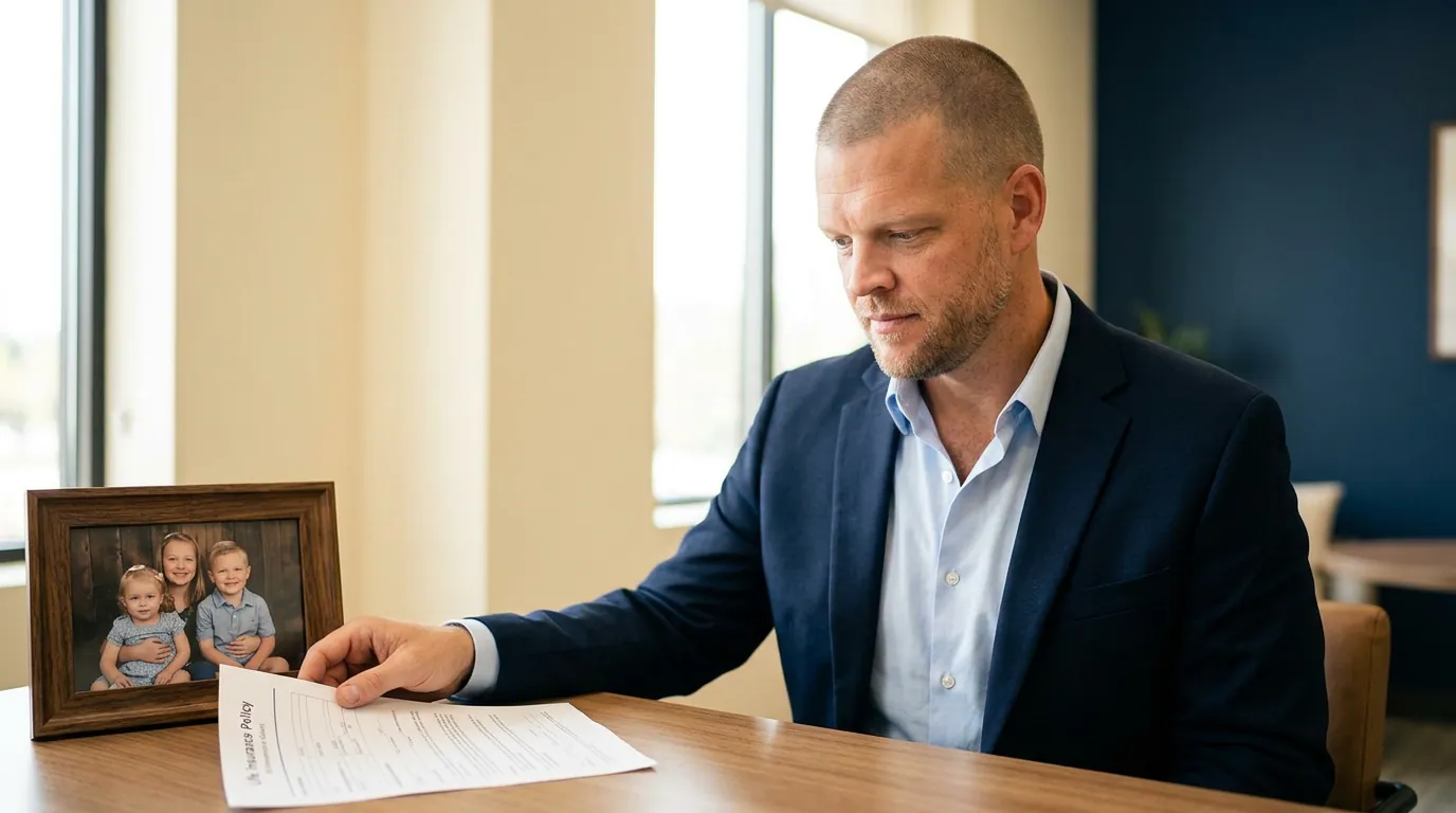 Mike Moore, a life insurance advisor, reviewing a beneficiary designation form next to a framed photo of three young children at his desk in a South Dakota office