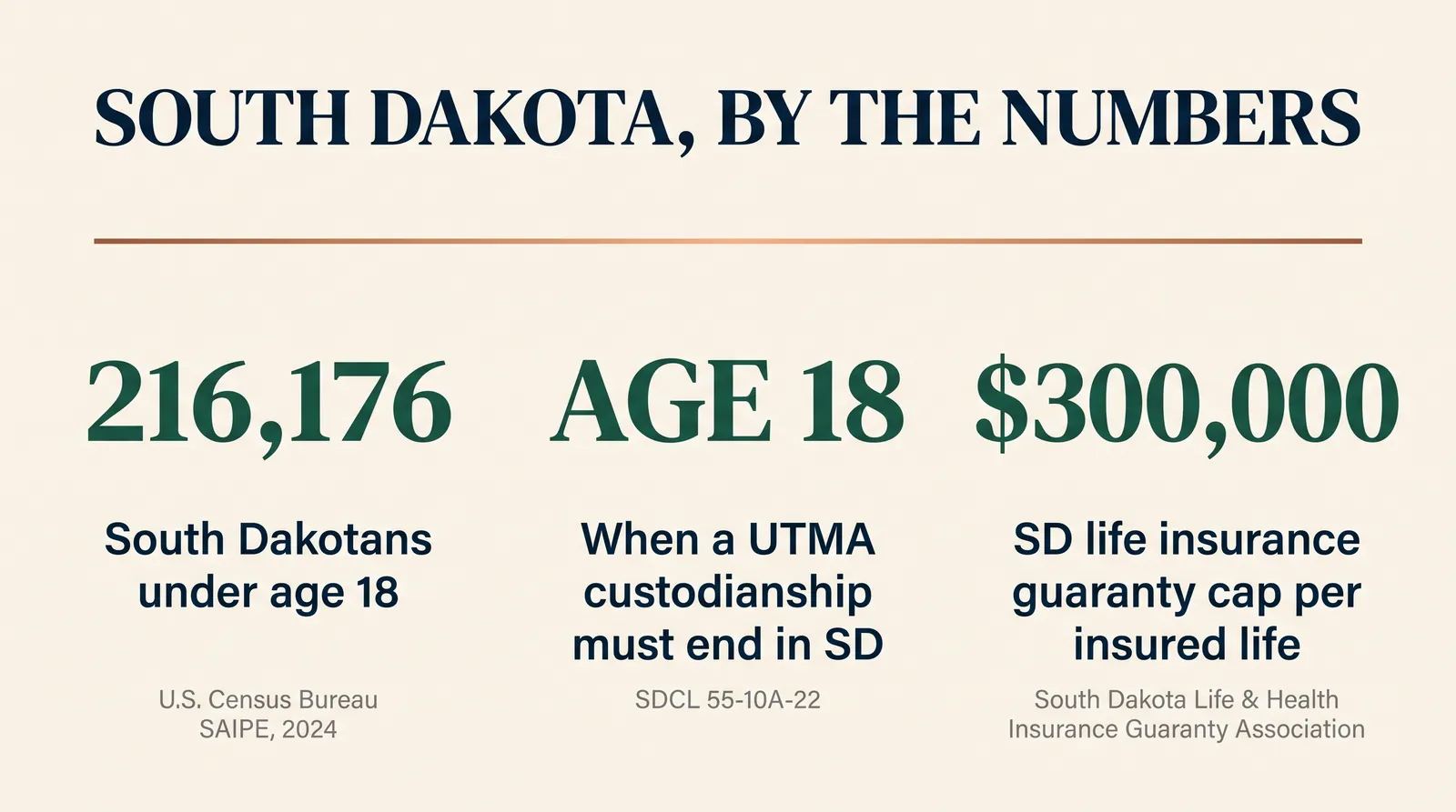 Stat card titled South Dakota, By the Numbers showing three figures: 216,176 South Dakotans under age 18 sourced to the U.S. Census Bureau's SAIPE program for 2024, age 18 as when a UTMA custodianship must end in South Dakota sourced to SDCL 55-10A-22, and $300,000 as the South Dakota life insurance guaranty cap per insured life sourced to the South Dakota Life and Health Insurance Guaranty Association