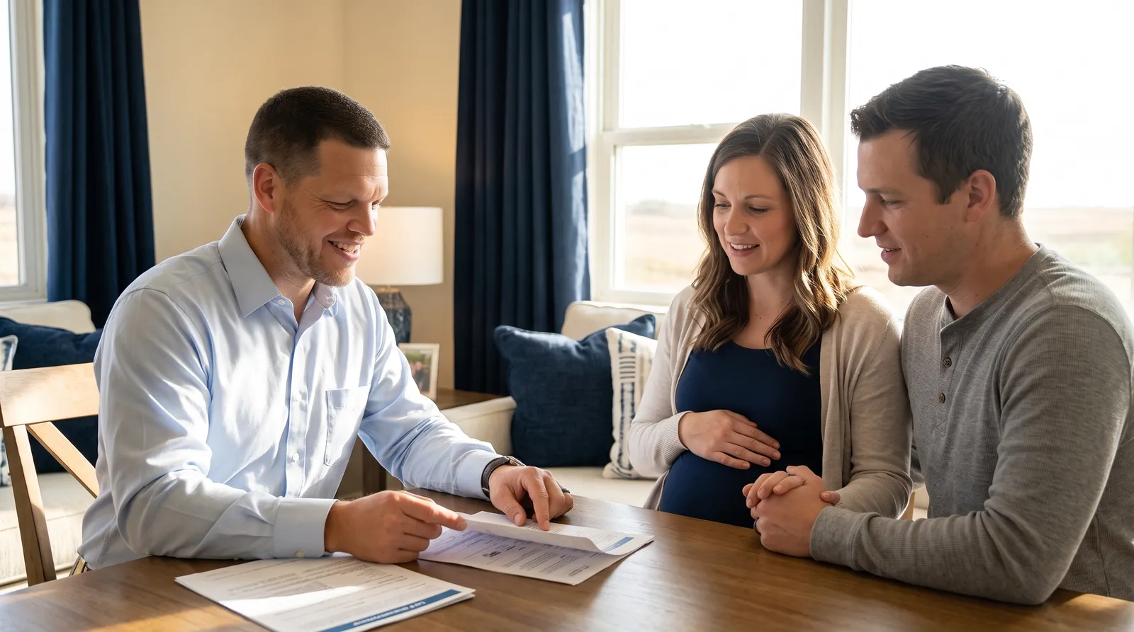 Mike Moore, a life insurance advisor, reviewing paperwork at a table with an expecting couple in a warm, sunlit South Dakota home