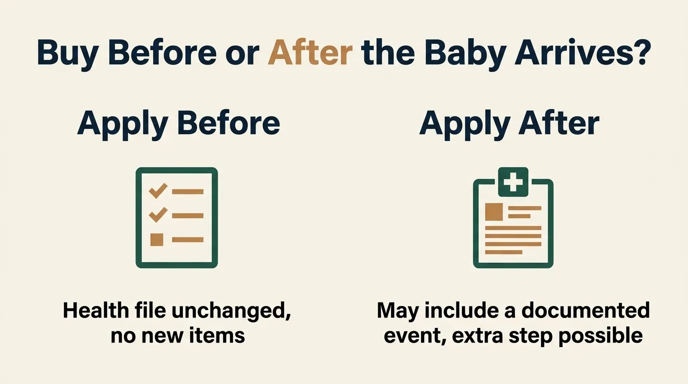Infographic titled Buy Before or After the Baby Arrives, comparing two paths: Apply Before, shown with a checklist icon and the caption health file unchanged, no new items, versus Apply After, shown with a medical form icon and the caption may include a documented event, extra step possible