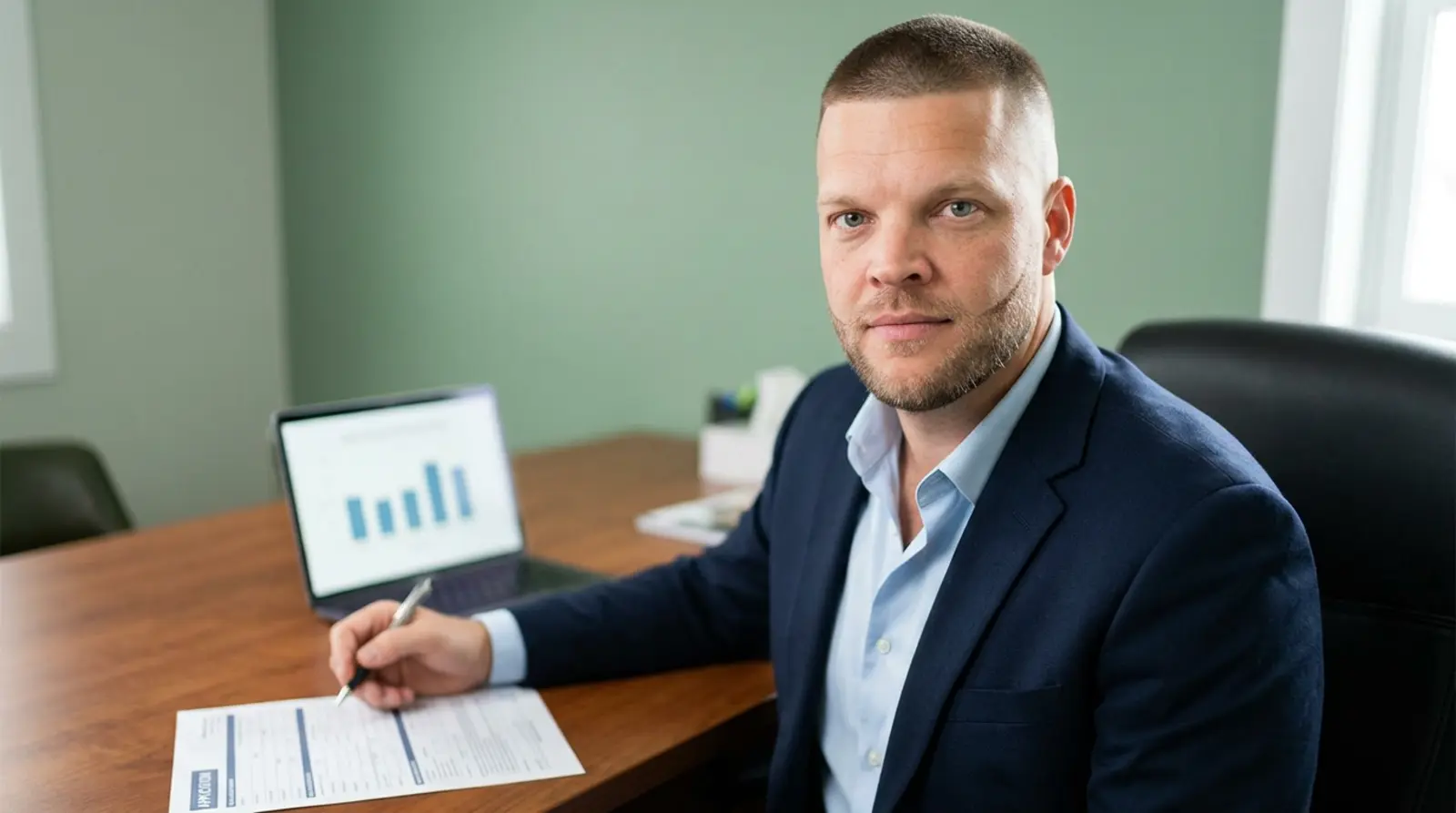 Mike Moore, a life insurance advisor, pointing to a table rating line on a life insurance approval letter spread on a desk next to a laptop showing a side-by-side carrier comparison