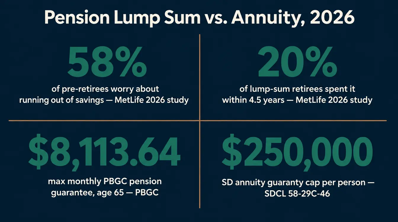 Stat card titled 'Pension Lump Sum vs Annuity, 2026' showing four figures: 58 percent of pre-retirees worry about running out of retirement savings, up from 30 percent a decade ago, source MetLife 2026 Paycheck or Pot of Gold study; 20 percent of lump sum retirees spent their withdrawals within about 4.5 years on average, same source; 8,113 dollars and 64 cents is the maximum monthly PBGC pension guarantee for a 65 year old in 2027, source Pension Benefit Guaranty Corporation; and South Dakota's annuity guaranty association backstop caps at 250,000 dollars per person, source South Dakota Codified Law 58-29C-46
