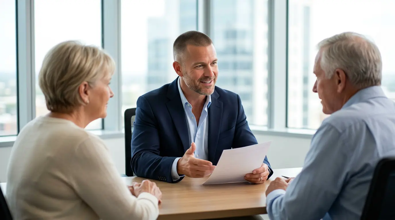 Mike Moore, a life insurance and annuity advisor, reviewing a pension buyout letter and a retirement income worksheet with a South Dakota client at his desk