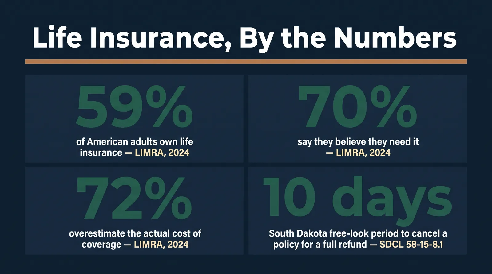 Stat card titled Life Insurance By the Numbers, showing four figures: 59 percent of American adults own life insurance per LIMRA 2024; 70 percent believe they need it per LIMRA 2024; 72 percent overestimate the actual cost of coverage per LIMRA 2024; South Dakota gives every buyer a 10 day free look period to cancel a policy for a full refund under SDCL 58-15-8.1