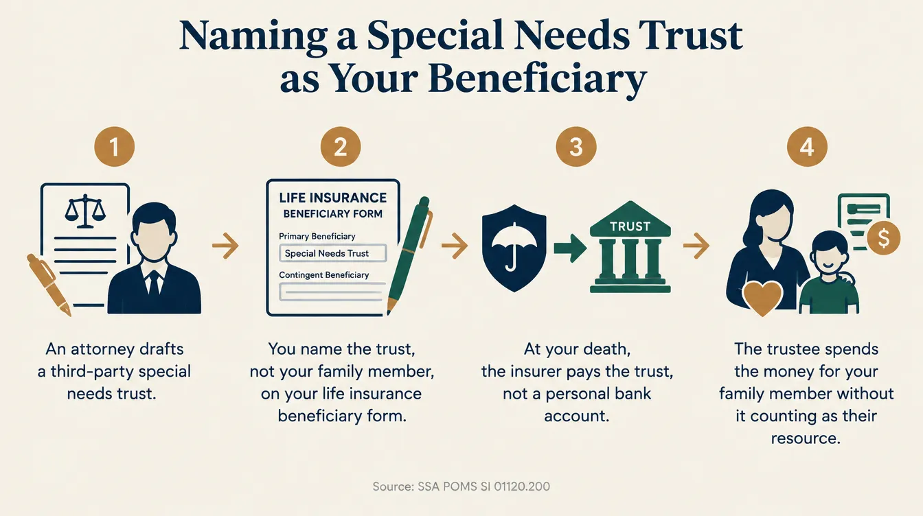 Infographic titled 'Naming a Special Needs Trust as Your Beneficiary' showing four steps: 1) An attorney drafts a third-party special needs trust for your family member, 2) You change your life insurance beneficiary form to name the trust instead of your family member directly, 3) At your death, the insurer pays the death benefit to the trust, not to a personal bank account, 4) The trustee spends the money on your family member's behalf without it counting as their resource, sourced to SSA POMS SI 01120.200