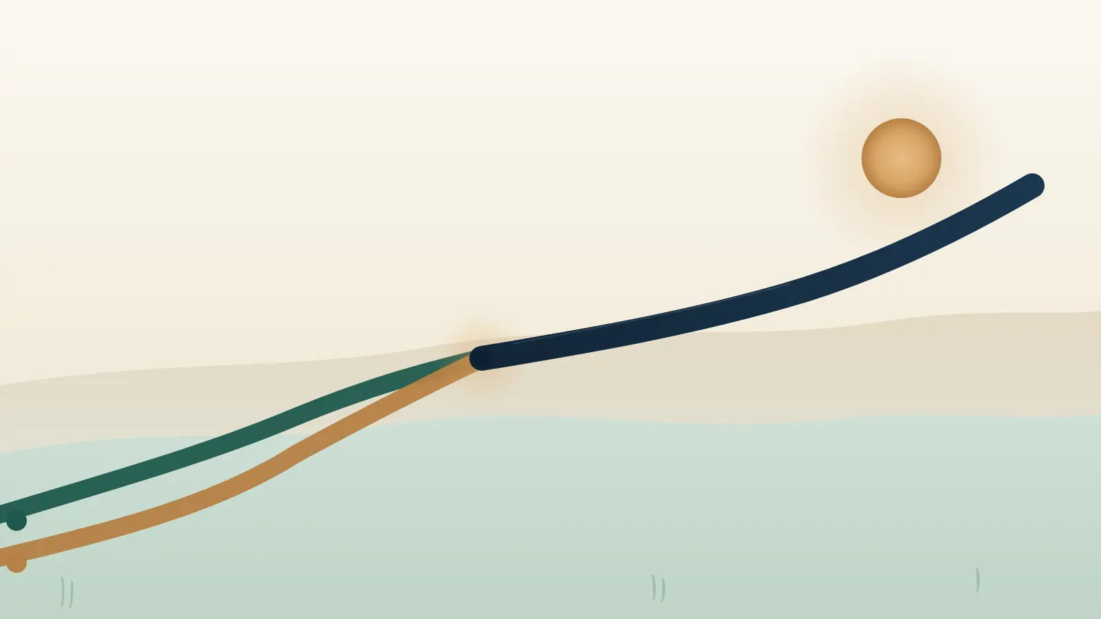Editorial illustration of two separate winding paths in river navy and copper tones that converge into a single wider path leading toward a horizon line, representing two lives underwritten as one survivorship life insurance policy