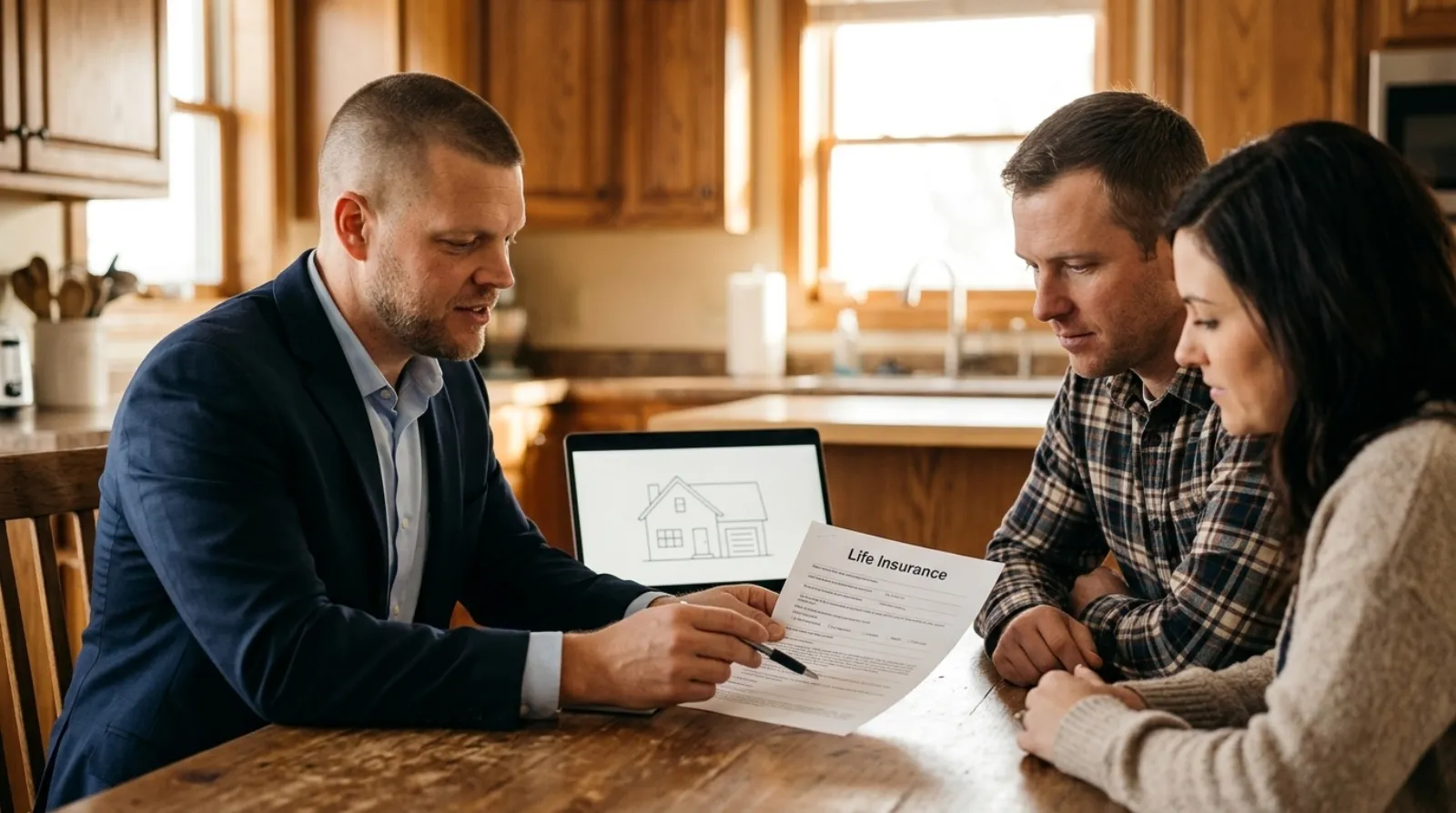 Mike Moore, a life insurance advisor, reviewing a life insurance document with an unmarried couple at their kitchen table, a laptop screen showing a simple house icon between them